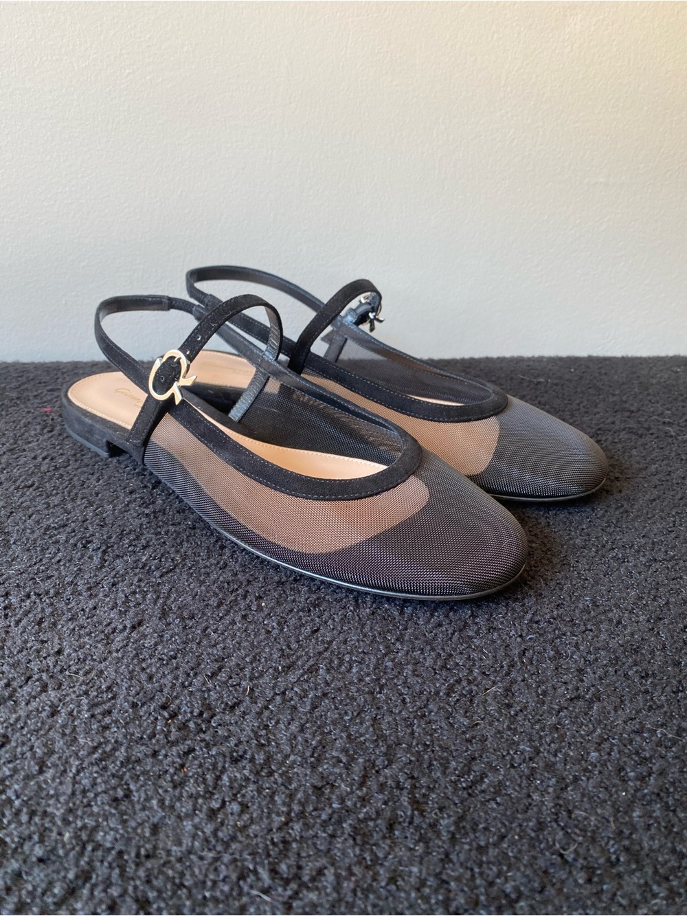 Gianvito Rossi Black Mesh Slingback Flats with Silver Tone Hardware
